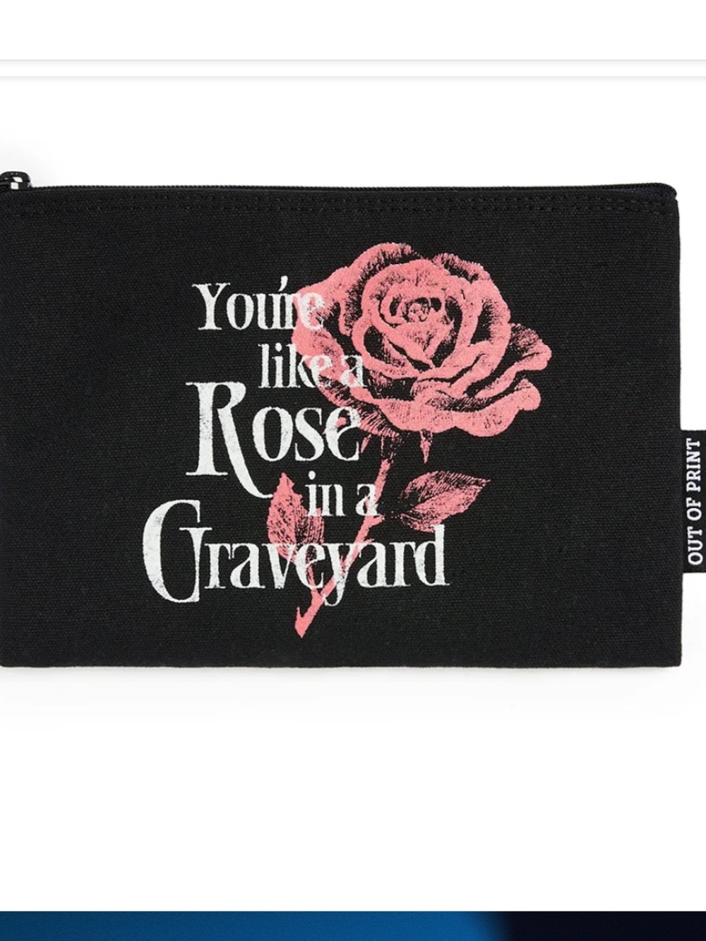 Out of Print Black Canvas Zip Pouch with Pink Rose Print